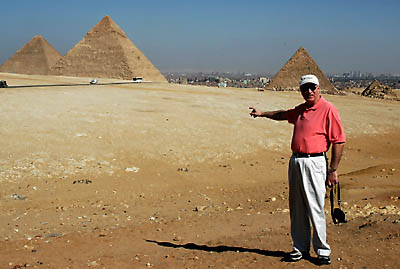 Gene points to the Pyramids. Photo by Ferrell Jenkins.