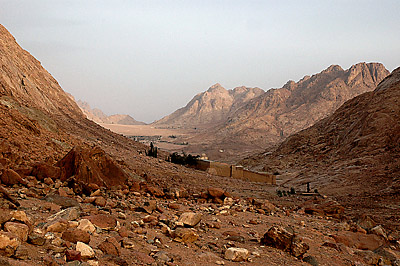 St. Katherine's Monastery (on slopes) at Mount Sinai. Photo made early in the morning of March 8, 2005, by Ferrell Jenkins.